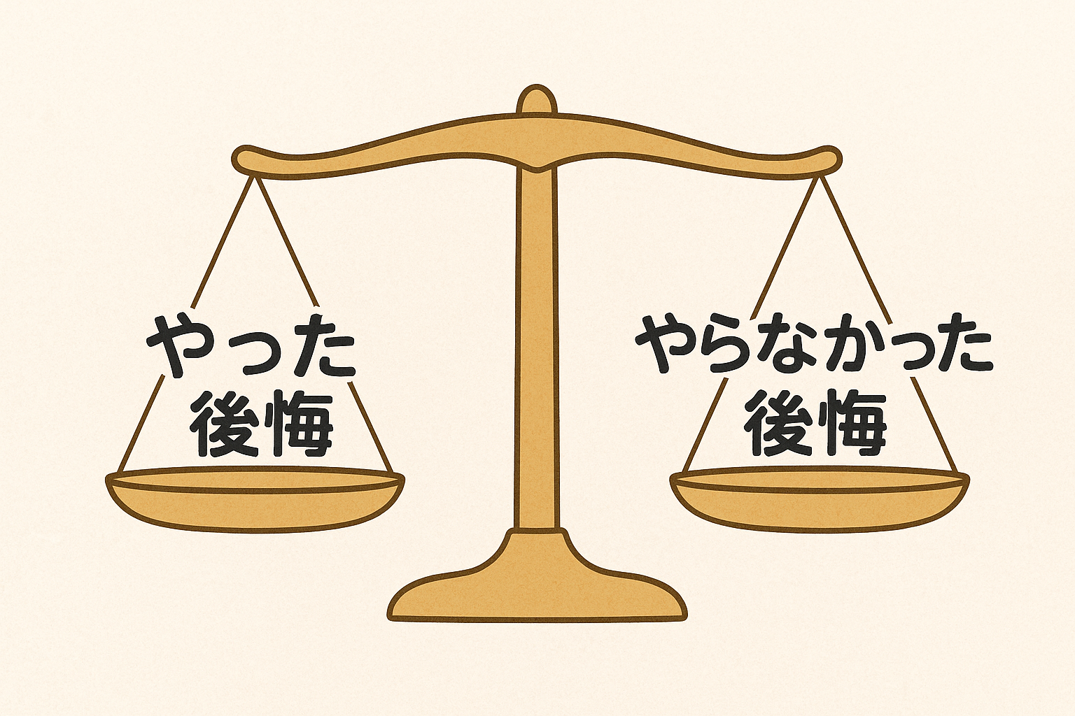 天秤に「やった後悔」と「やらなかった後悔」を乗せて比べているイメージ