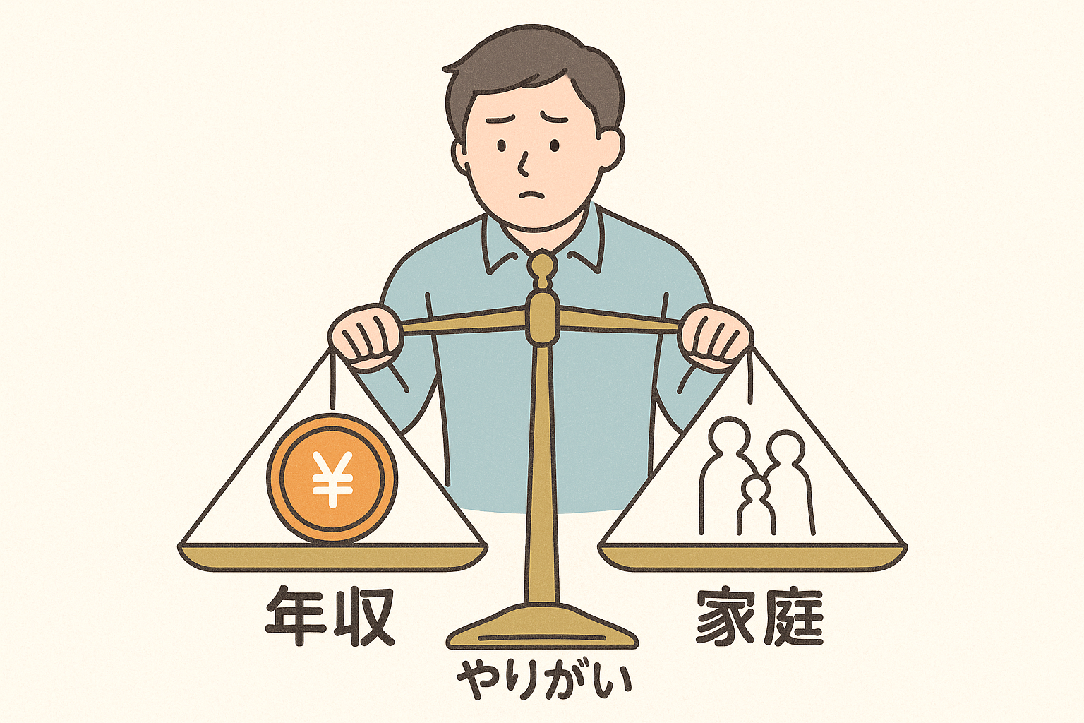 天秤に年収 やりがい 家庭をかけて比較する画像