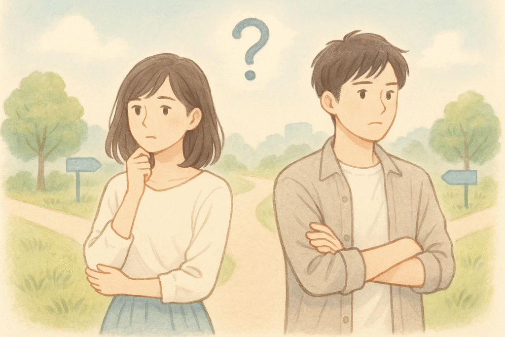交差点で迷う男女のイラスト。人生の選択や迷いを象徴
