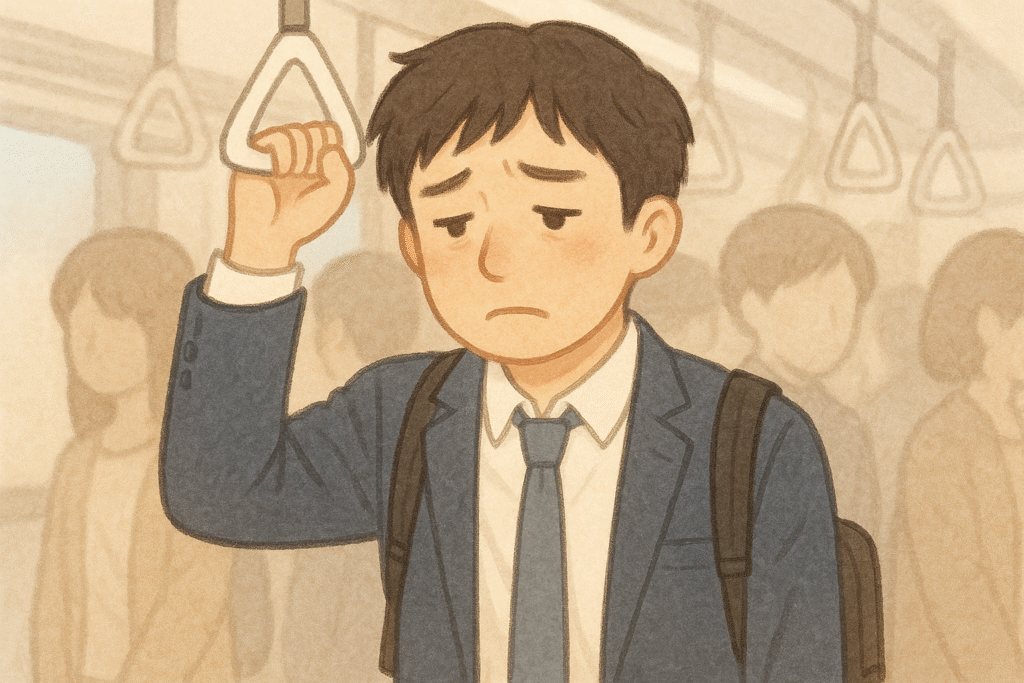 満員電車で疲れた表情のサラリーマンのイラスト。現状に縛られて動けない様子を表現