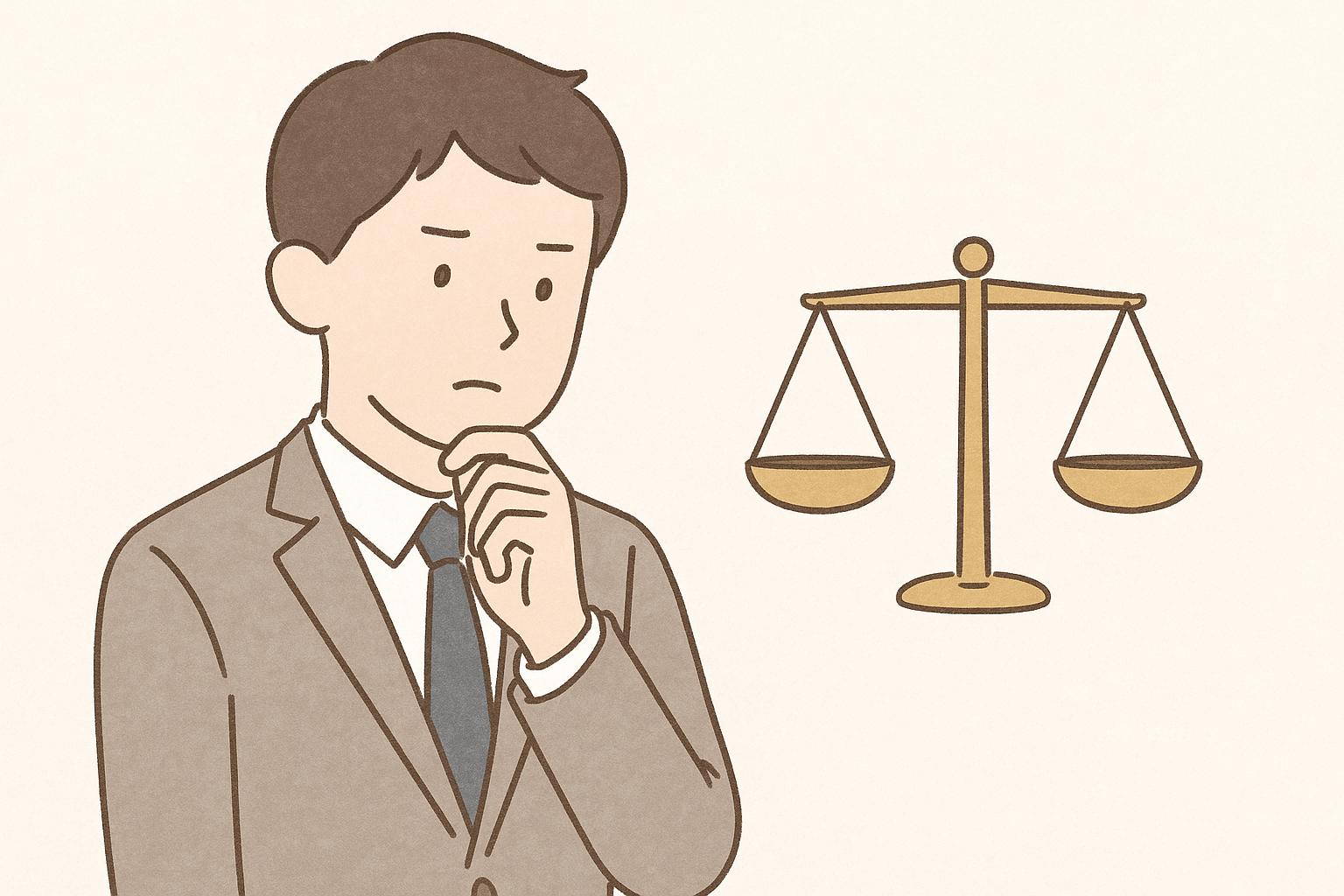 天秤を見つめるビジネスパーソンのイラスト。損失回避や現状維持バイアスなど心理的な迷いを表す