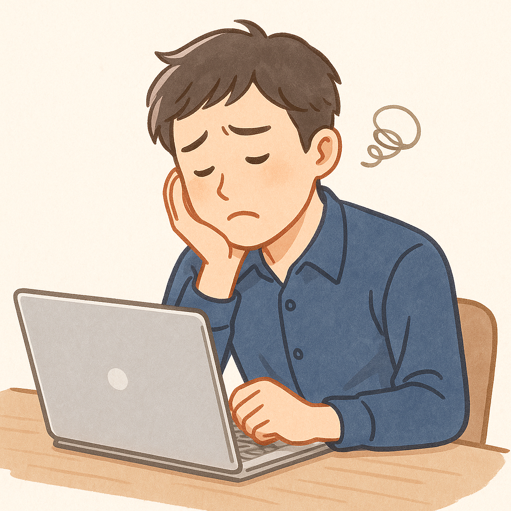 デスクでパソコンを前にため息をつく20代社会人のイラスト。転職や挑戦をためらう様子