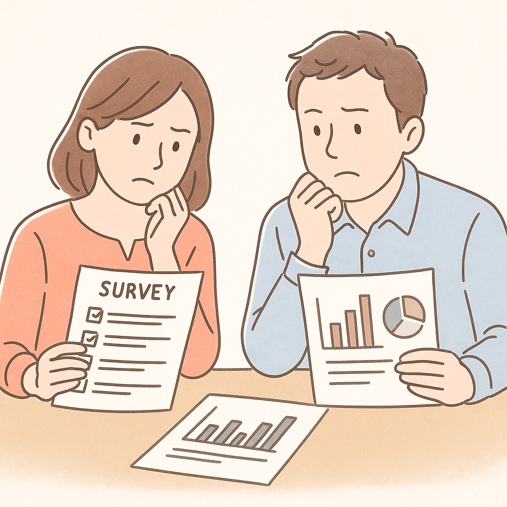 デスクでアンケートやグラフを見つめる30代男女のイラスト。調査データを読み解くイメージ