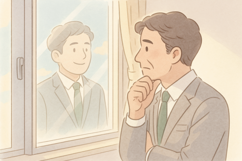 窓の外を見つめながらもう一人の自分を想像する中年男性のイラスト。やらなかった後悔が残る心理を表す