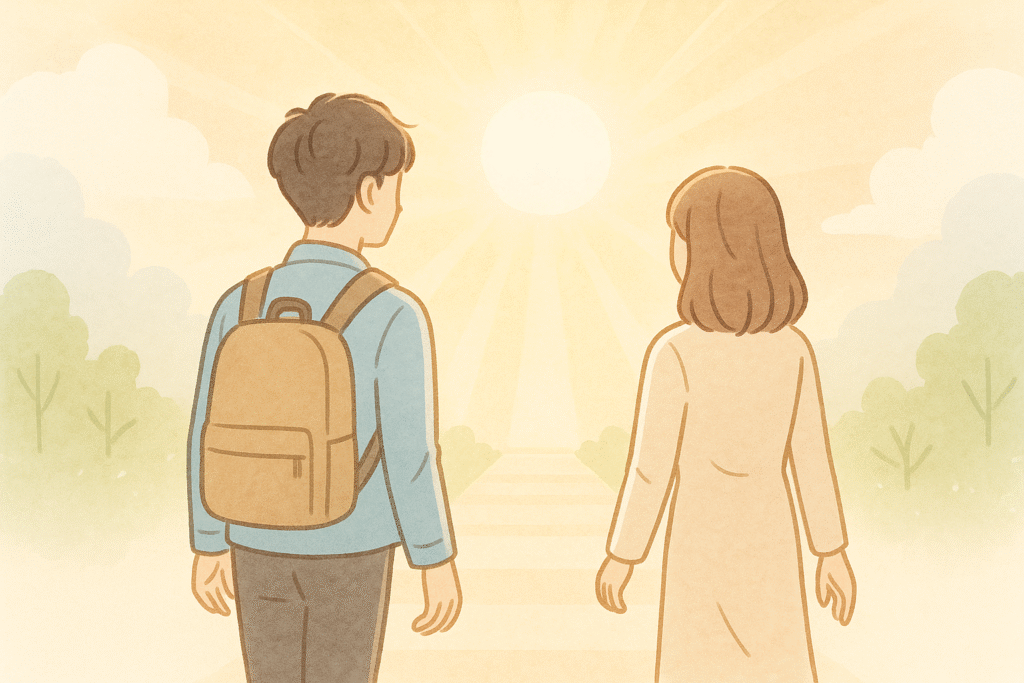 光の差す未来に向かって歩く男女の背中姿のイラスト。希望と前進を象徴