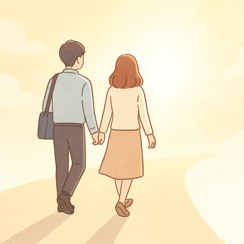 光の差す未来へ向かって歩く人物(男女背中姿